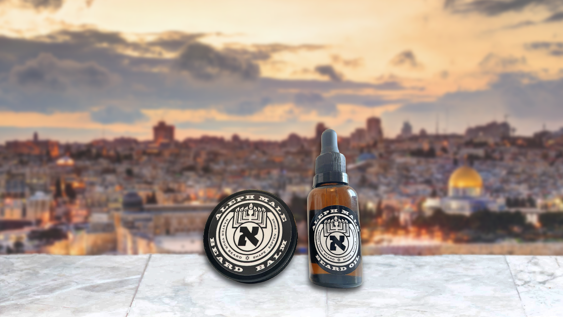 Aleph Male beard balm and beard oil with the Jerusalem skyline behind them