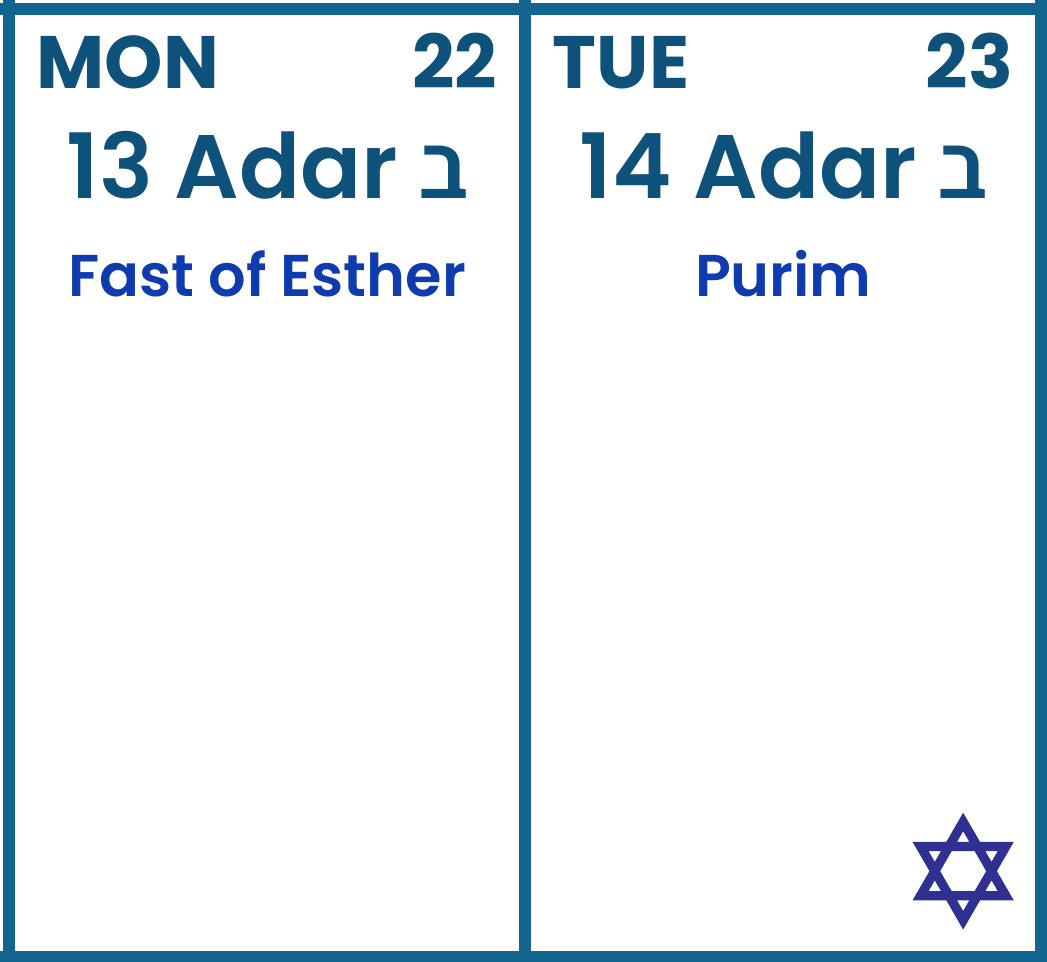 Monday 22 March 2027, Fast of Esther, and Tuesday 23 March 2027, Purim