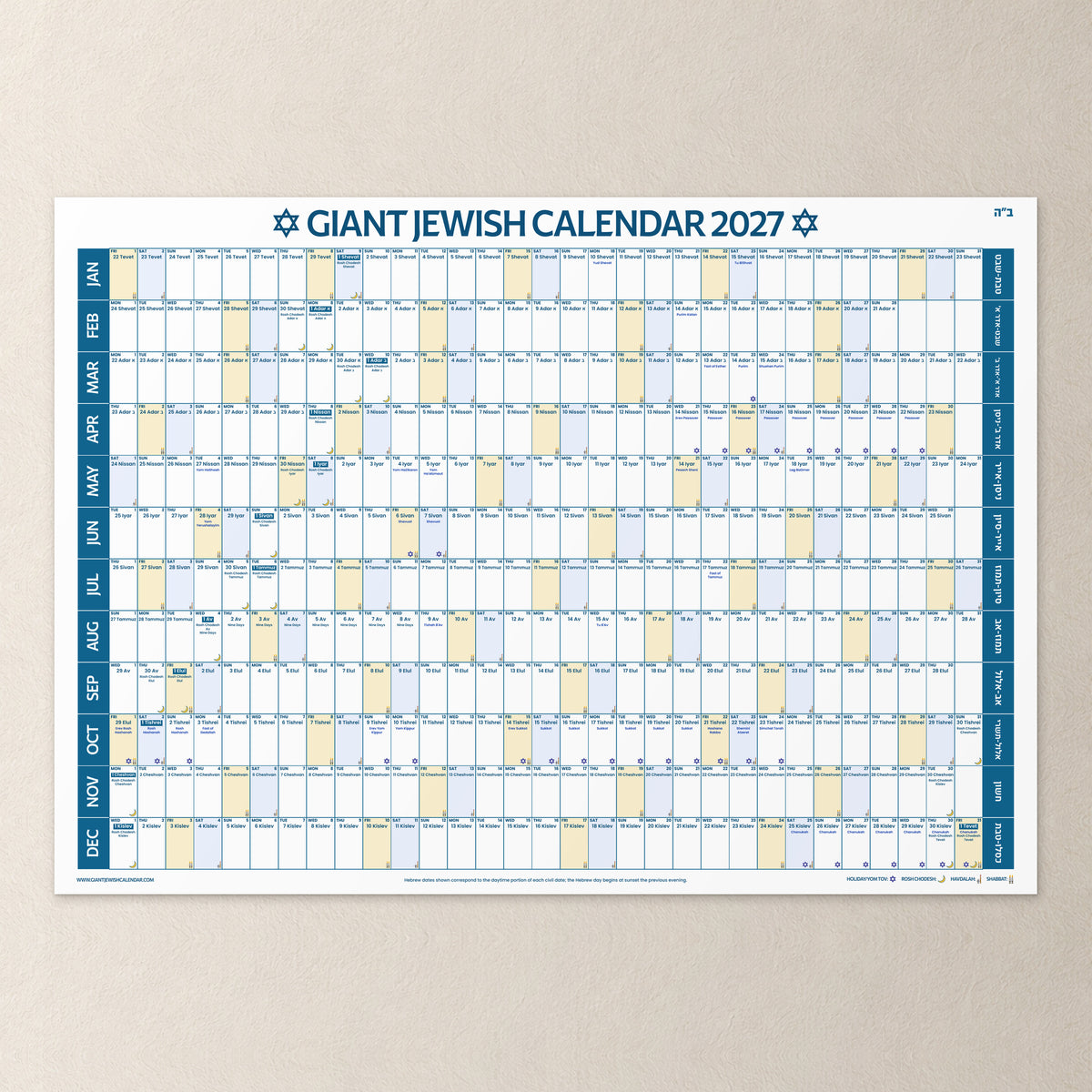 The Giant Jewish Calendar 2027 Jewish wall calendar hanging on a wall