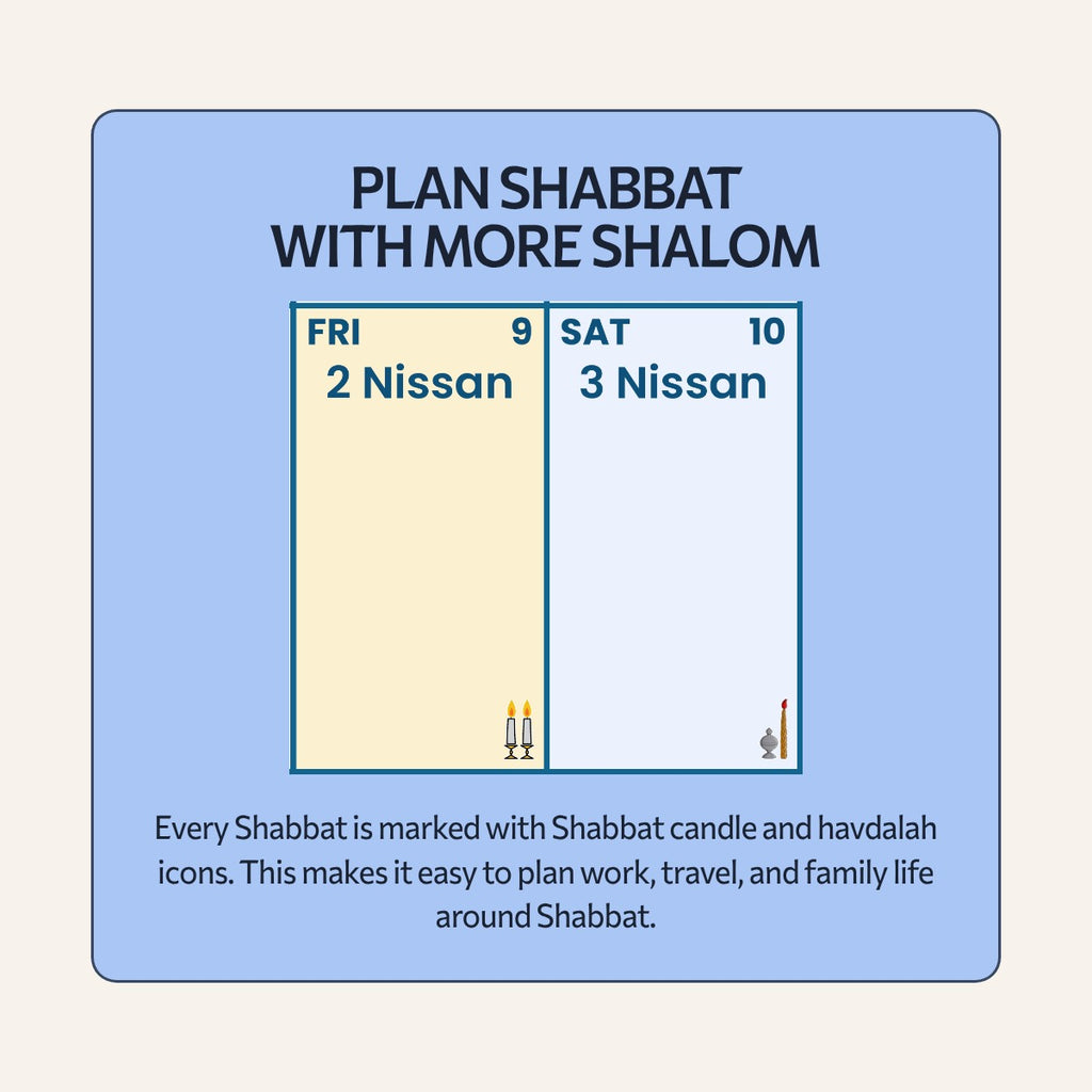 Plan Shabbat with more shalom: Shabbat candle and havdalah icons on the Giant Jewish Calendar 2027