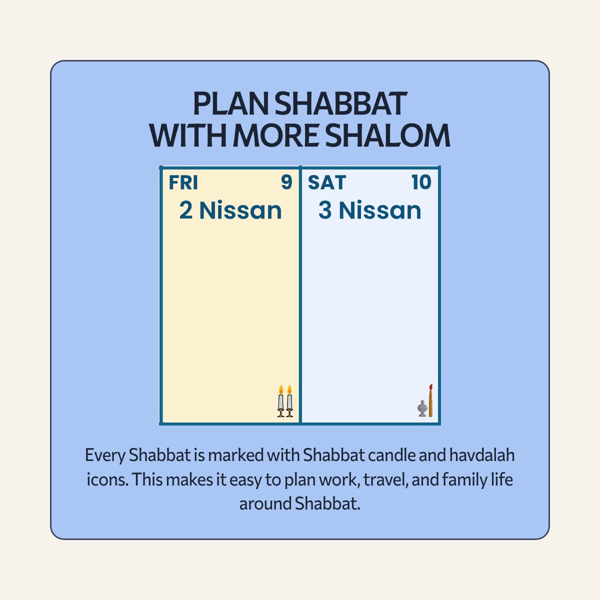 Plan Shabbat with more shalom: Shabbat candle and havdalah icons on the Giant Jewish Calendar 2027