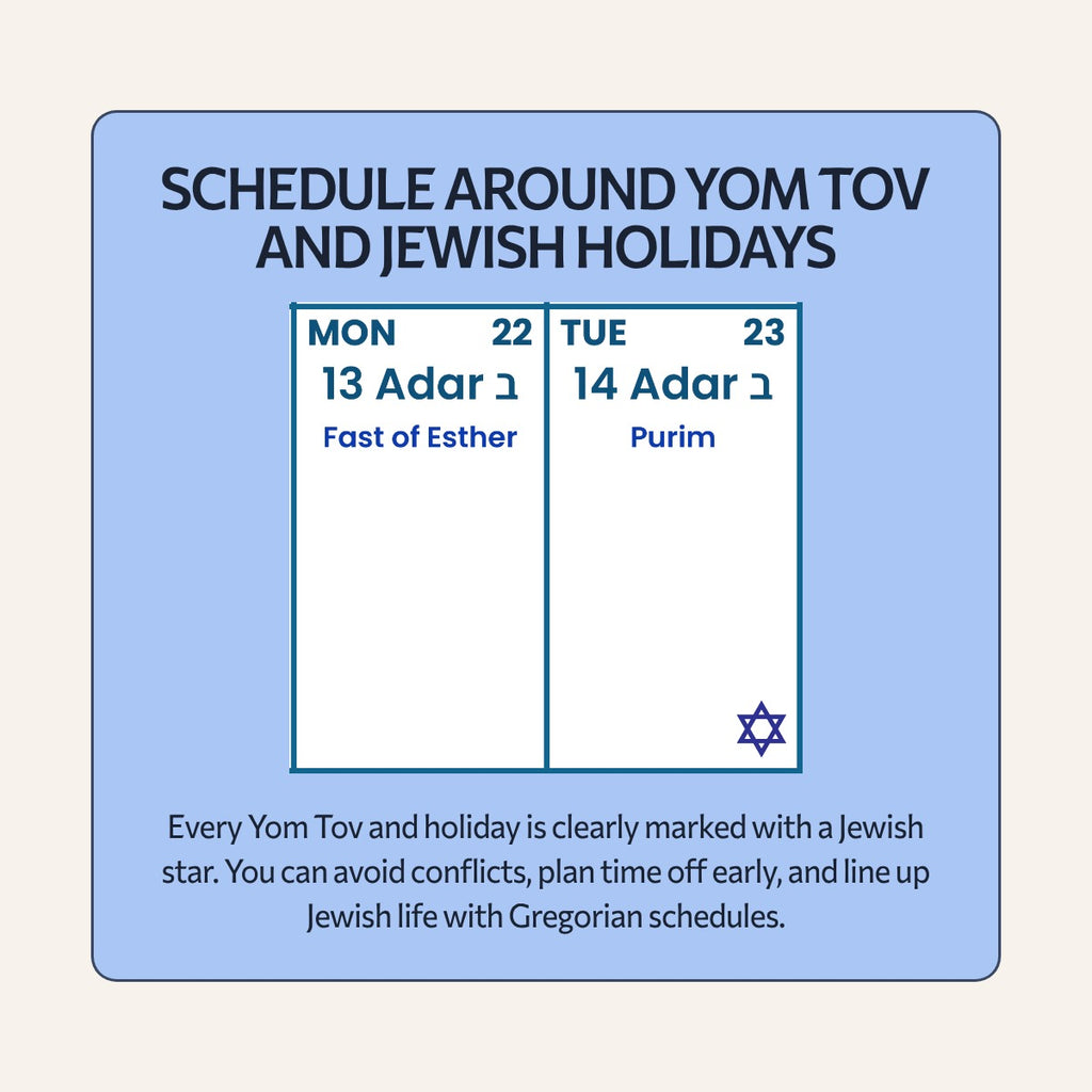 Schedule around Yom Tov and Jewish holidays: the Fast of Esther and Purim on the Giant Jewish Calendar 2027
