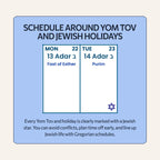 Schedule around Yom Tov and Jewish holidays: the Fast of Esther and Purim on the Giant Jewish Calendar 2027