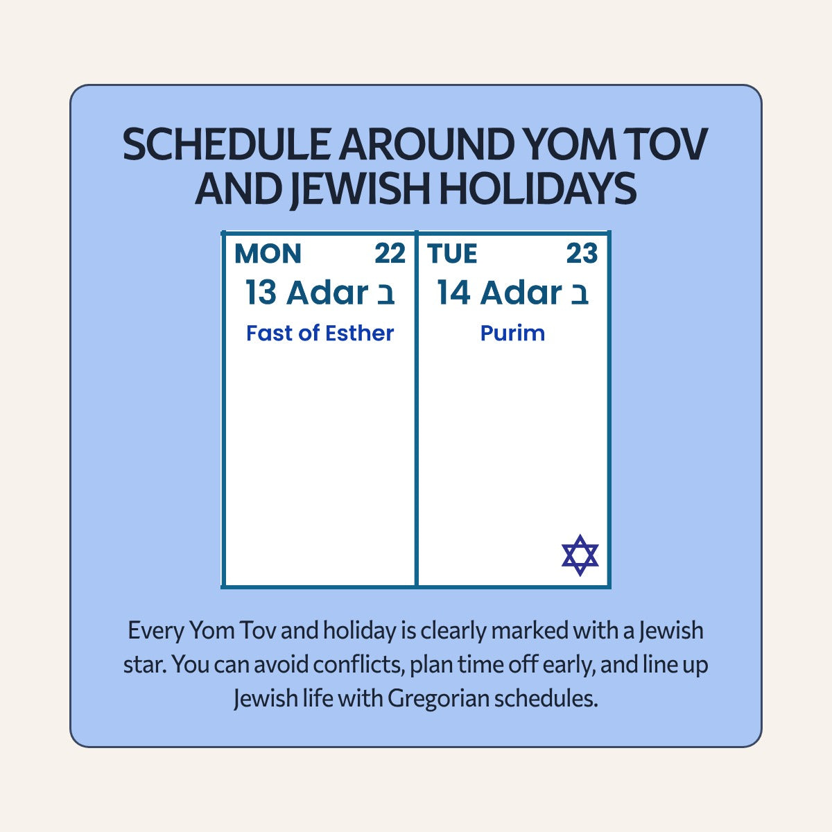 Schedule around Yom Tov and Jewish holidays: the Fast of Esther and Purim on the Giant Jewish Calendar 2027
