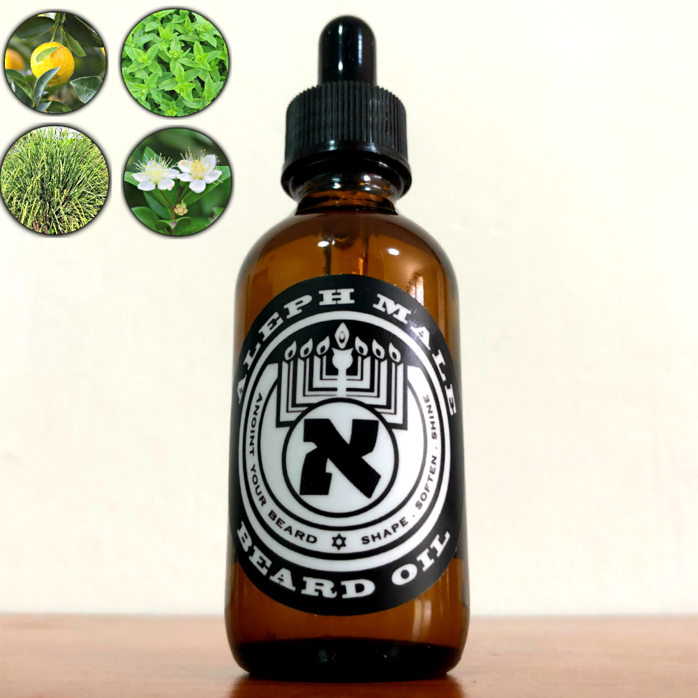 Sukkot Beard Oil bottle by Aleph Male — lemon, myrtle & mint scent, handmade in Jerusalem