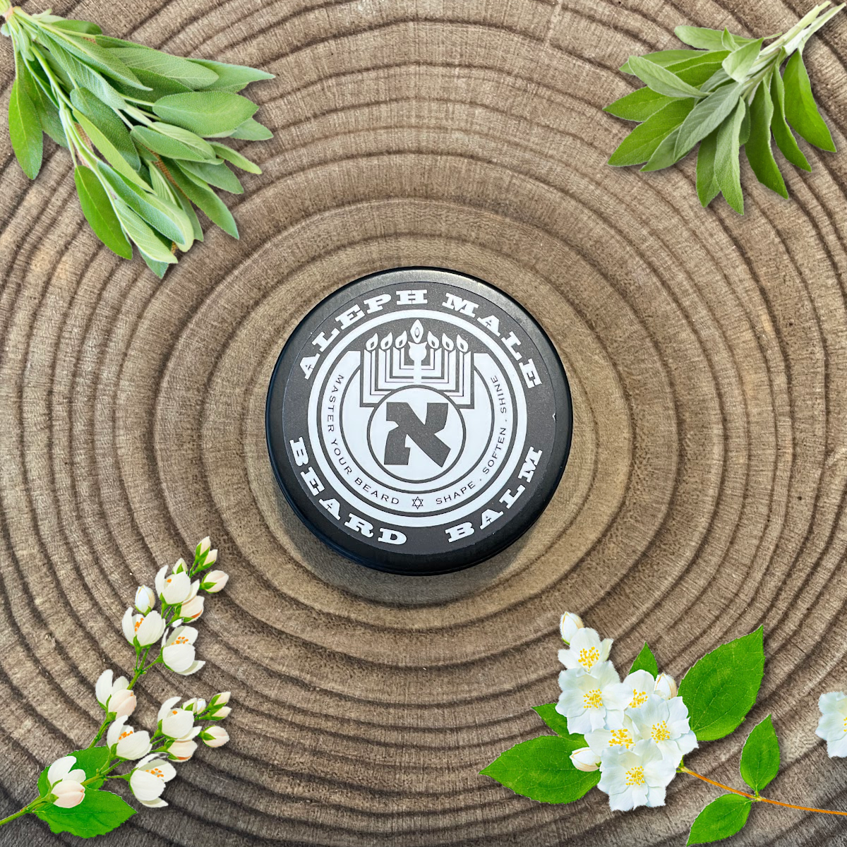 King's Blessing Beard Balm tin by Aleph Male — sage & jasmine scent, handmade in Jerusalem