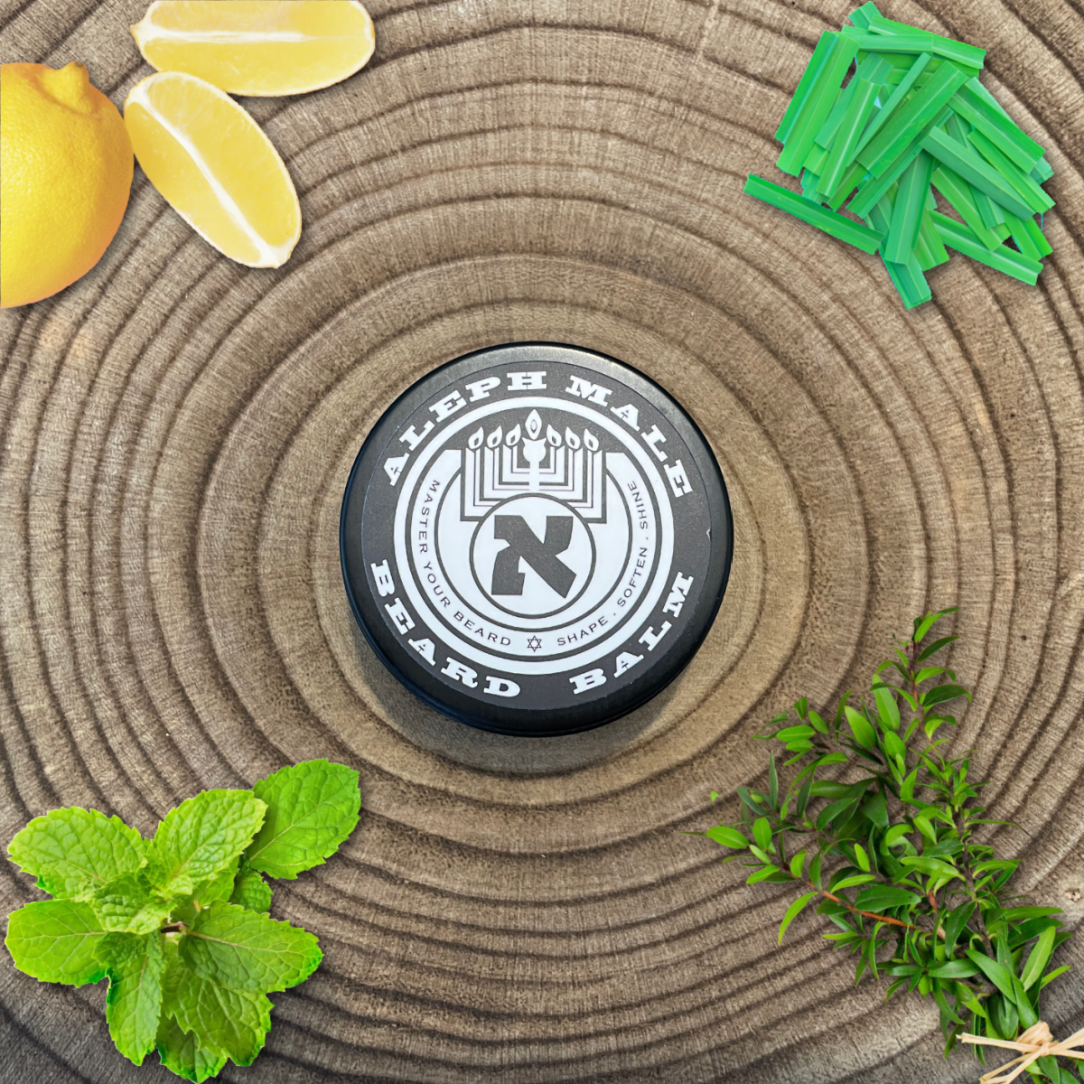 Sukkot Beard Balm tin by Aleph Male — natural lemon, myrtle & mint scent, handmade in Jerusalem